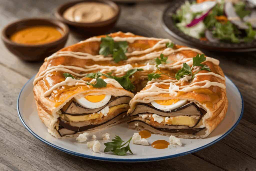 סביח סמבוסק בתנור עם חצילים קלויים, ביצה, תפוח אדמה, גבינת פטה, טחינה ועמבה